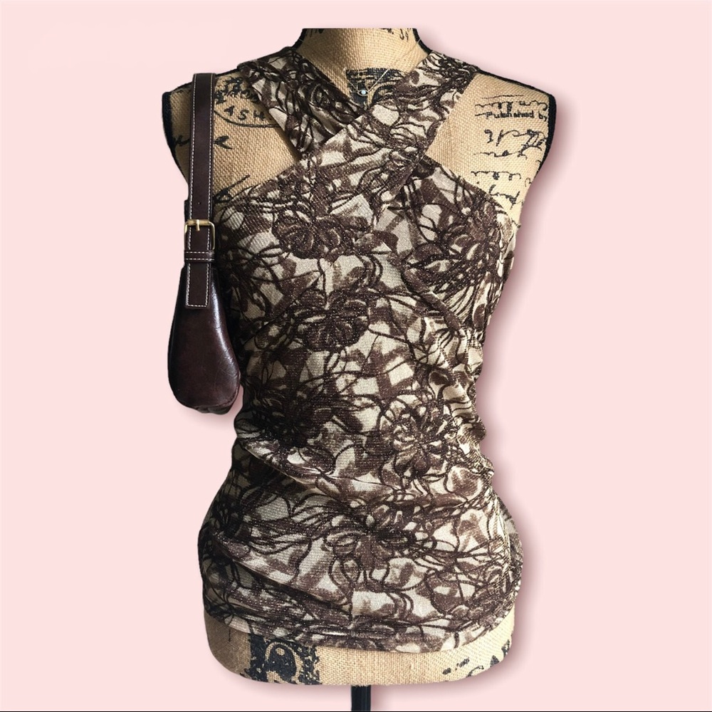 ☕️ Brown/beige and gold sparkly cross neck top from Ann Taylor
